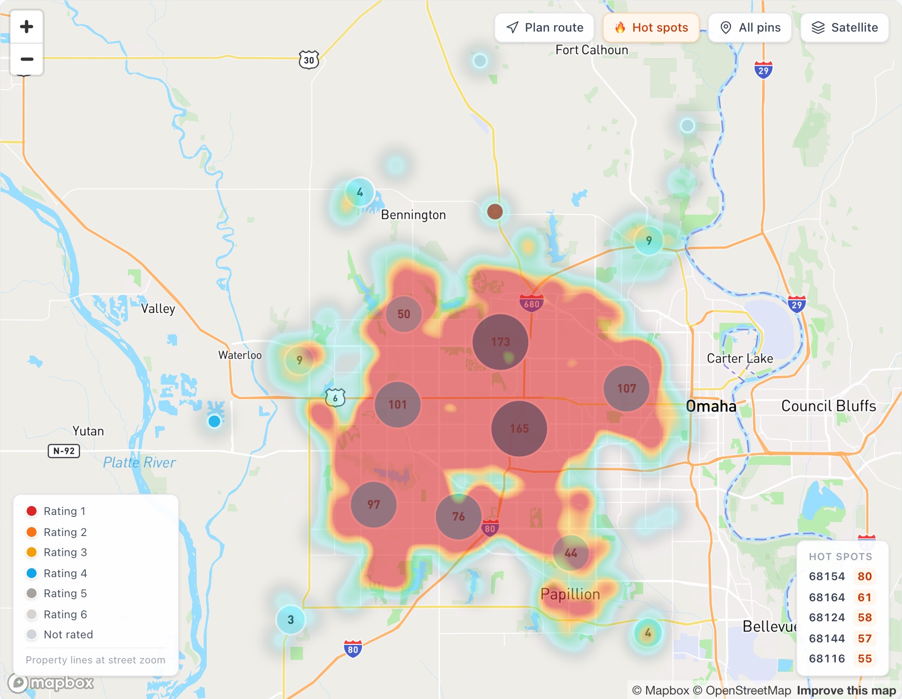 Heat map of storm requests across Omaha, with the five hottest ZIP codes listed