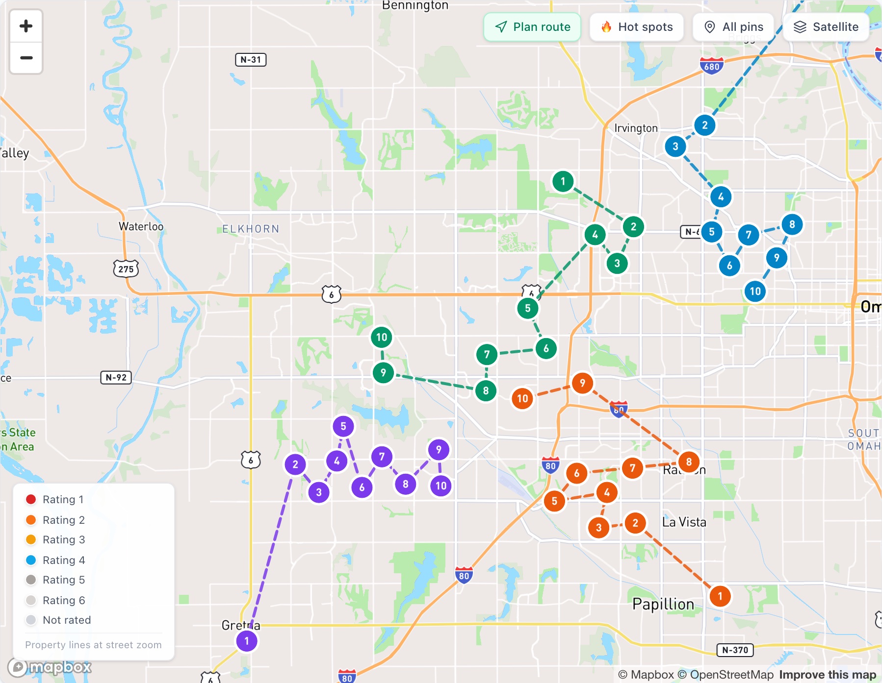 Plan tomorrow: four color-coded routes of ten stops each, one per salesperson, drawn on the map